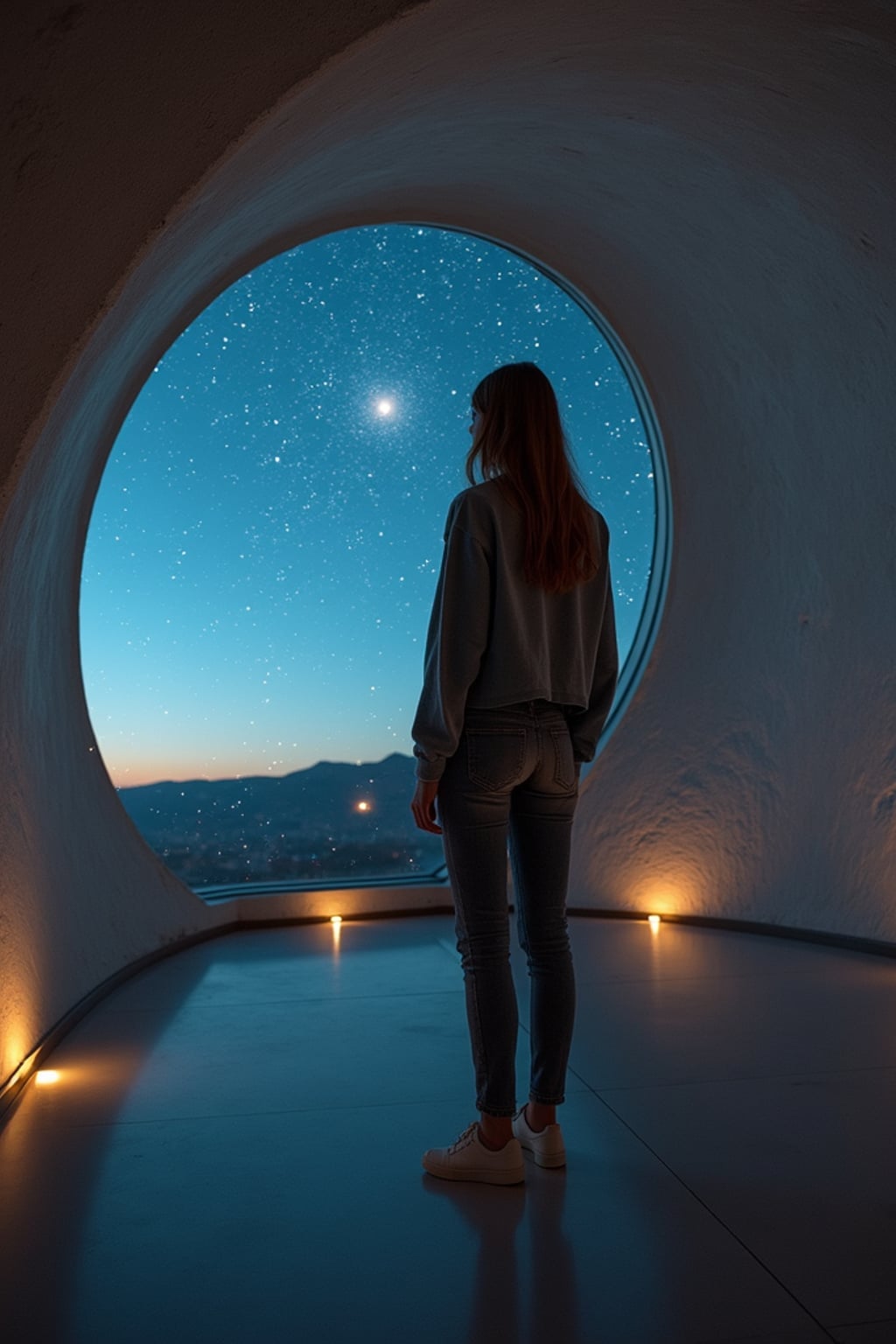 woman inside indoor Space Observatory on Mars. only stars visible in ceiling glass at night. woman wearing casual clothes.