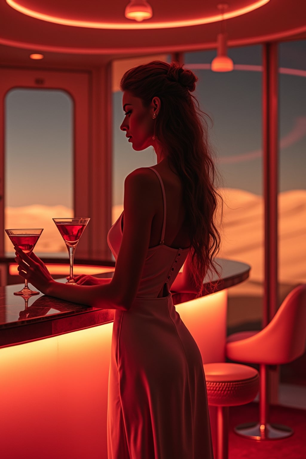 woman in a futuristic coktail bar on Mars. at night. indoors with futuristic interior. Mars red dunes is visible in big windows. woman wears an elegant dress.