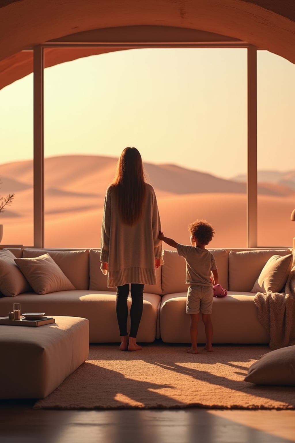 woman in a futuristic living room with children playing. Mars red dunes is visible in big windows. woman wears a relaxed cardigan and leggings.