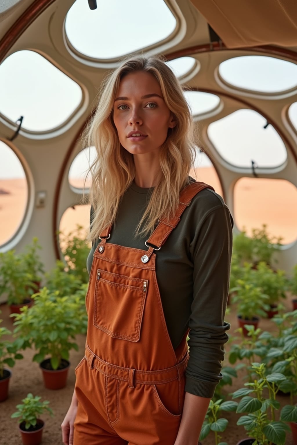 woman in a futuristic geodesic dome growing plants, fruits and vegetables on Mars, with the Mars red dunes visible in windows. woman wears overalls and a long-sleeve shirt.