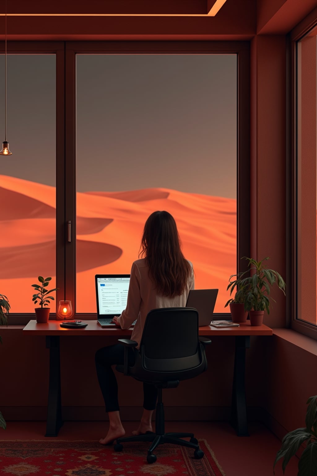 woman working on a laptop indoor a co-working space on Mars at night. Mars red dunes is visible in big windows. woman wears a casual blouse and black leggings.