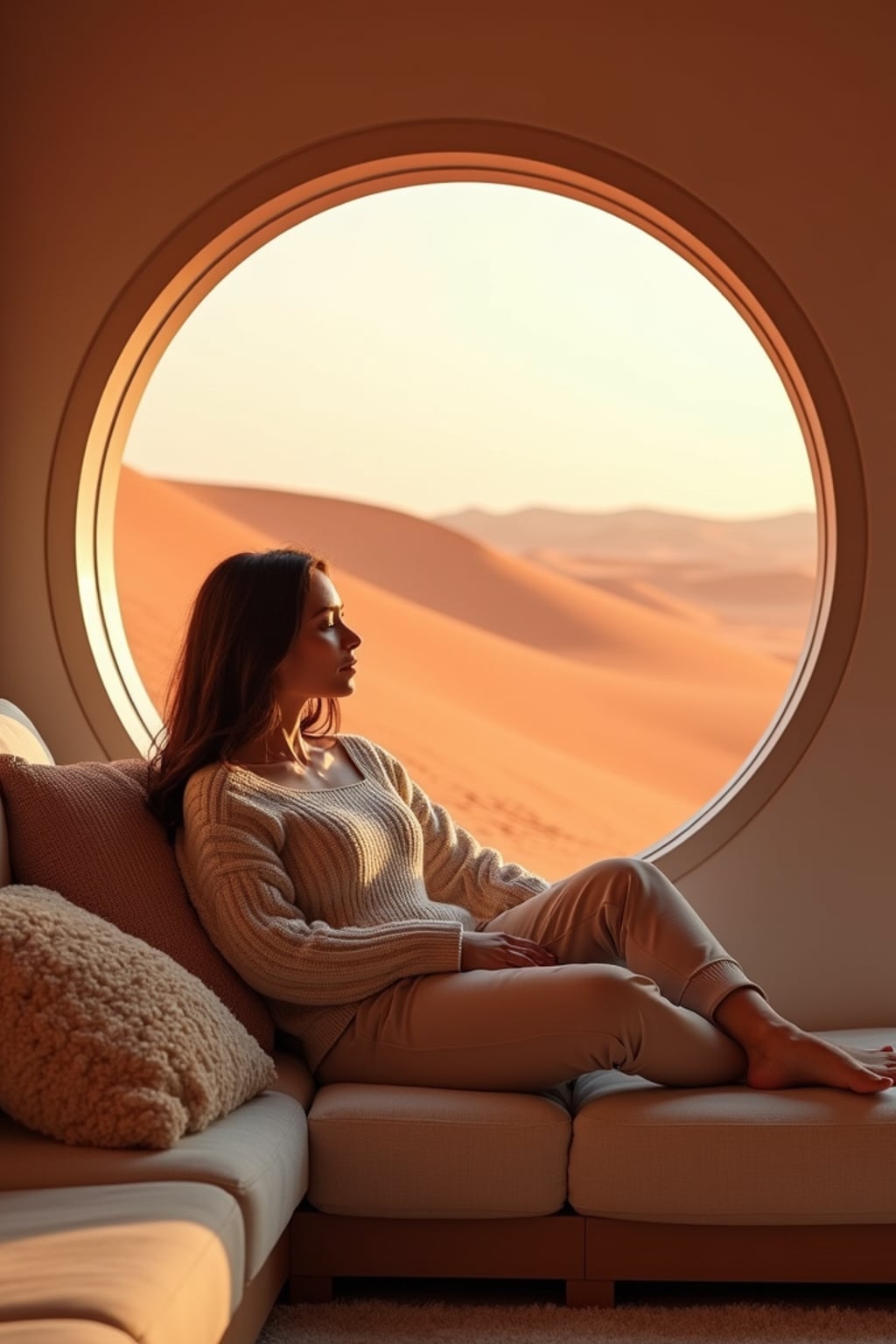 woman relaxing in a Mars habitat lounge area. Mars red dunes is visible in big windows. woman wears a comfy sweater and joggers.