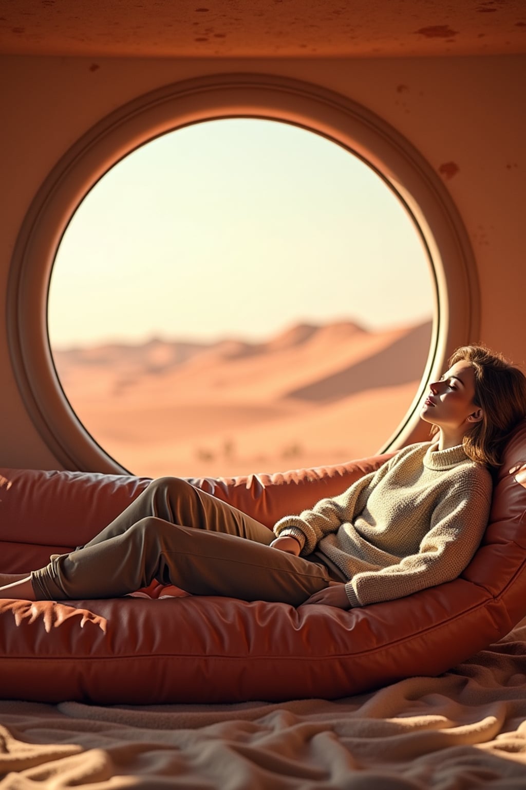 woman relaxing in a Mars habitat lounge area. Mars red dunes is visible in big windows. woman wears a comfy sweater and joggers.