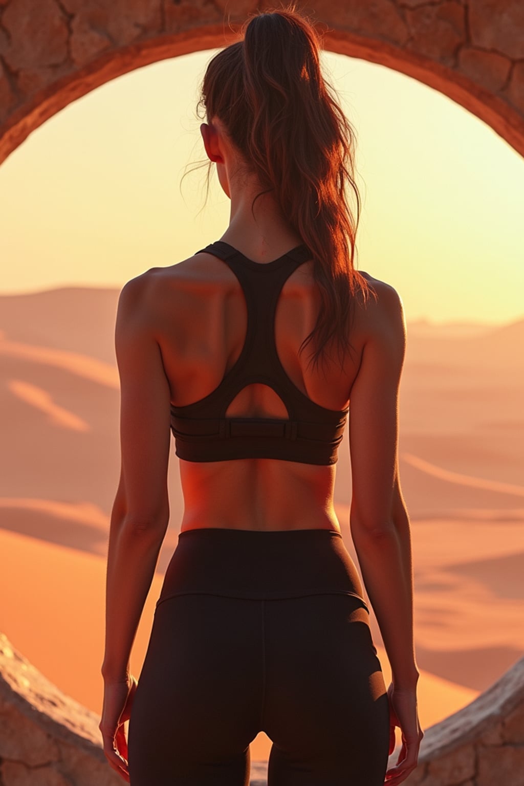 woman in a futuristic gym on Mars with large windows. Mars red dunes in the big windows. woman wears athletic wear: sports bra and high-waisted leggings.