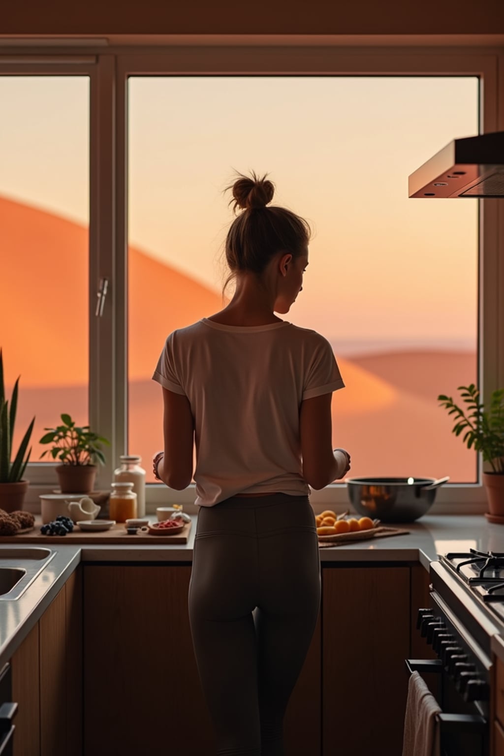 woman inside in an indoor kitchen preparing food with Mars red dunes in the big windows. woman wears a simple t-shirt and leggings.