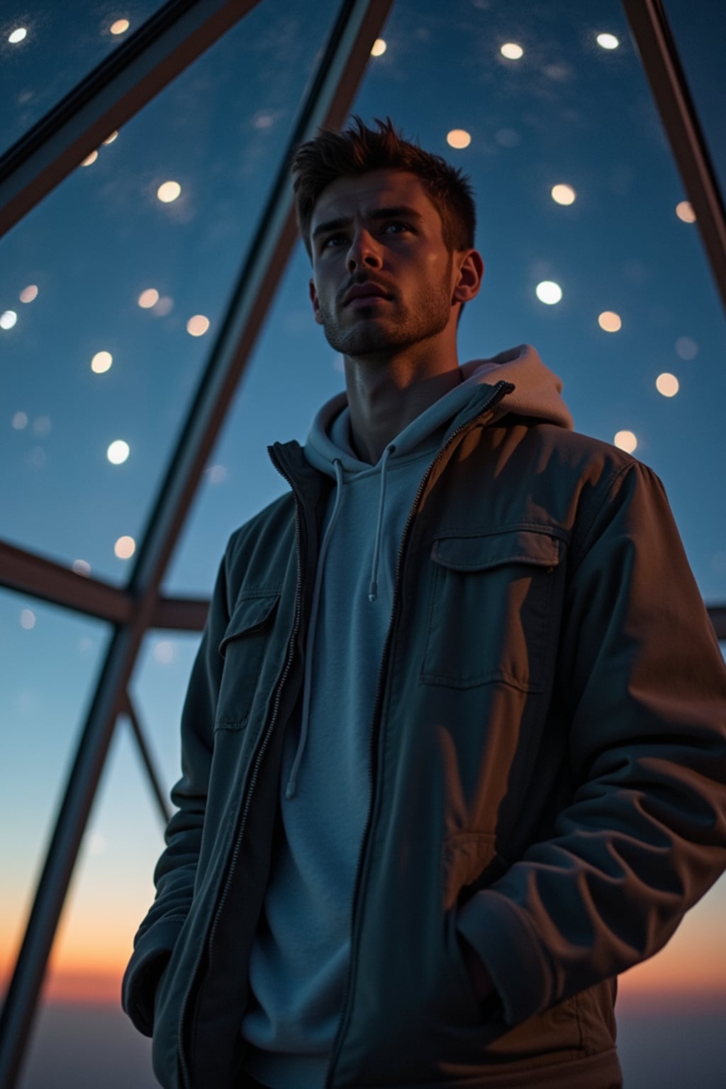 man inside indoor Space Observatory on Mars. only stars visible in ceiling glass at night. man wearing casual clothes.