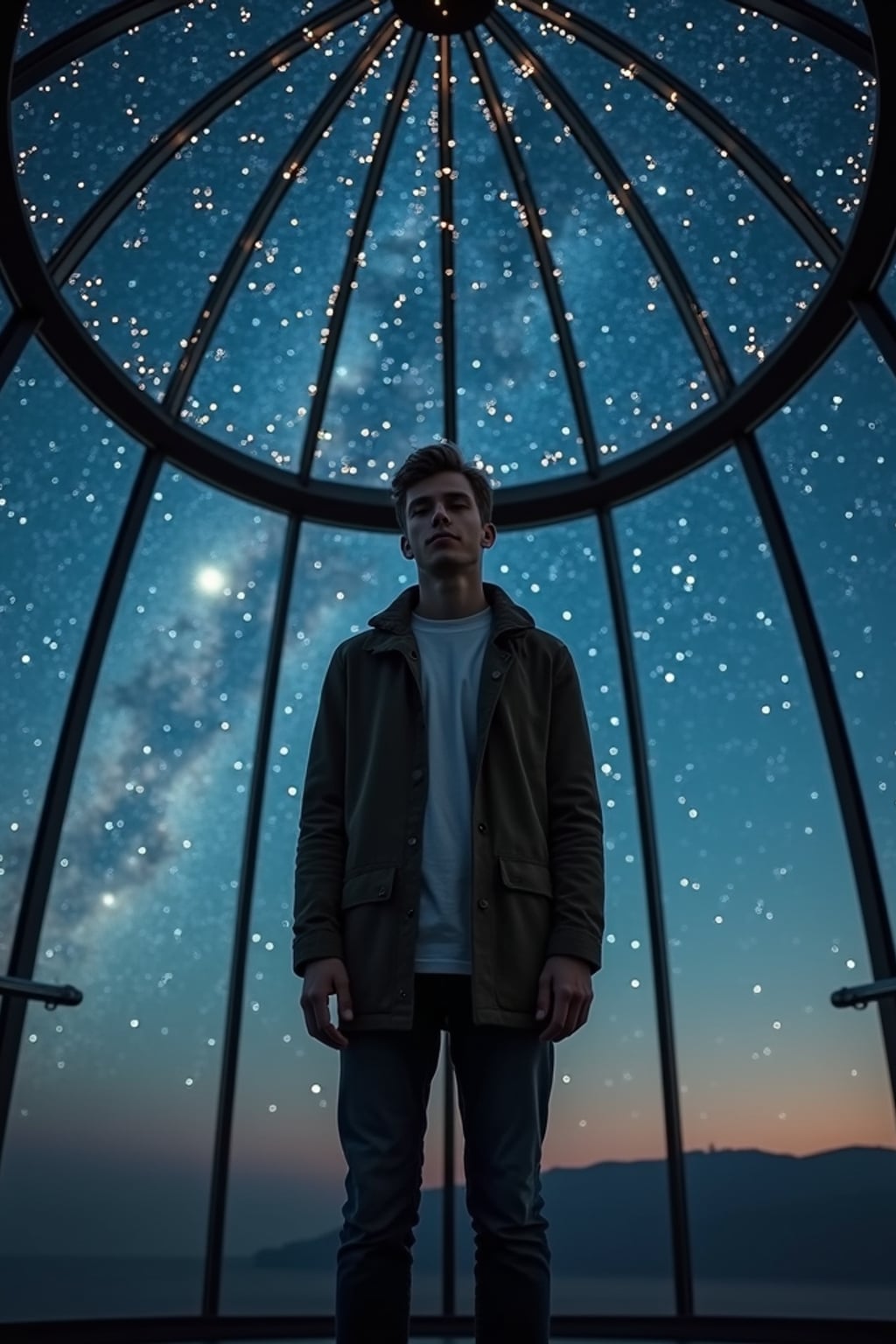 man inside indoor Space Observatory on Mars. only stars visible in ceiling glass at night. man wearing casual clothes.