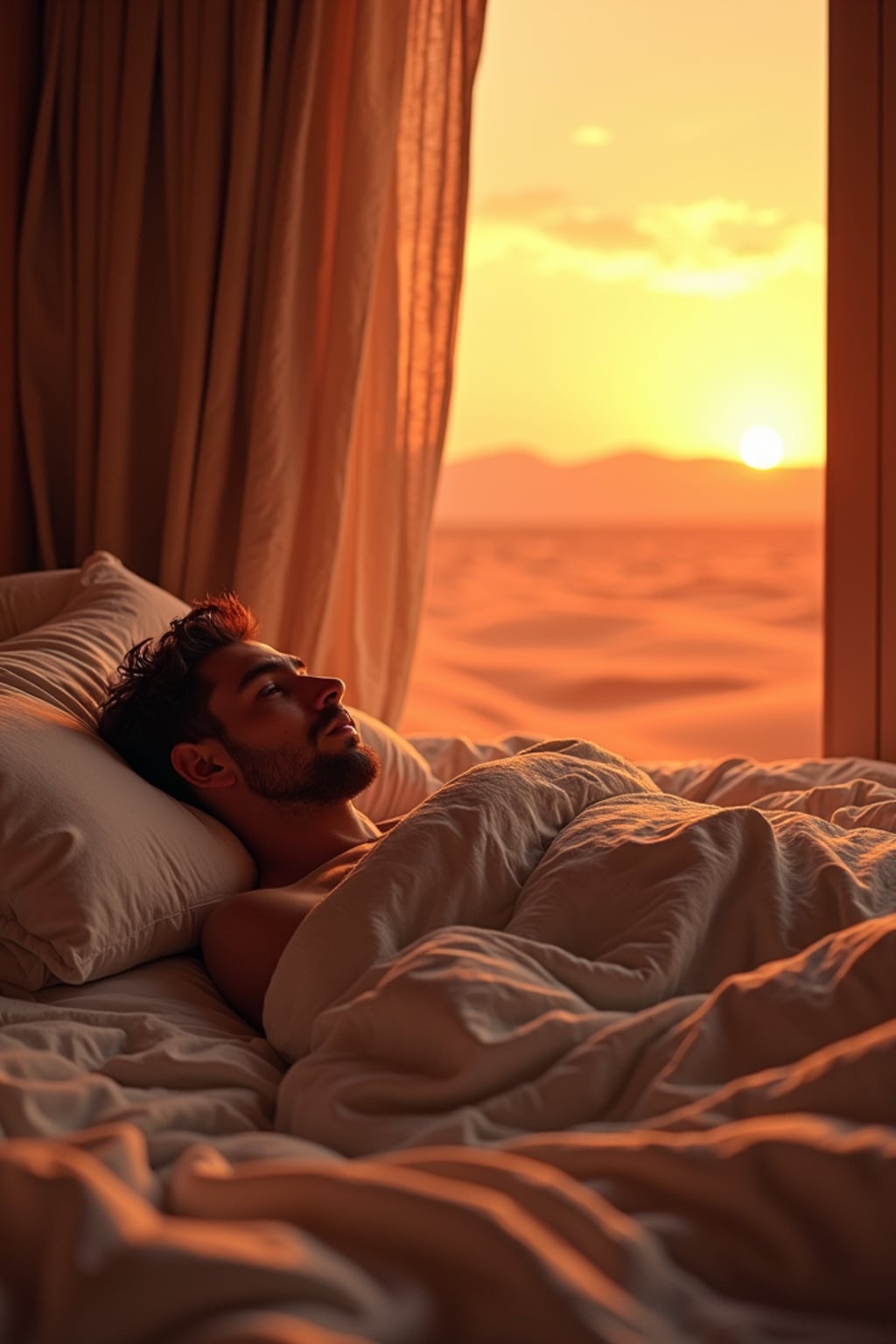 man waking up in bed on Mars at sunrise covered in duvet. Mars red dunes is visible in big windows.