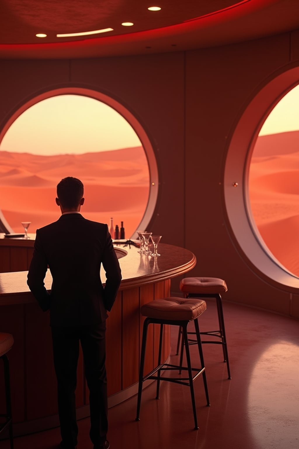 man in a futuristic coktail bar on Mars. at night. indoors with futuristic interior. Mars red dunes is visible in big windows.  man wears a suit.