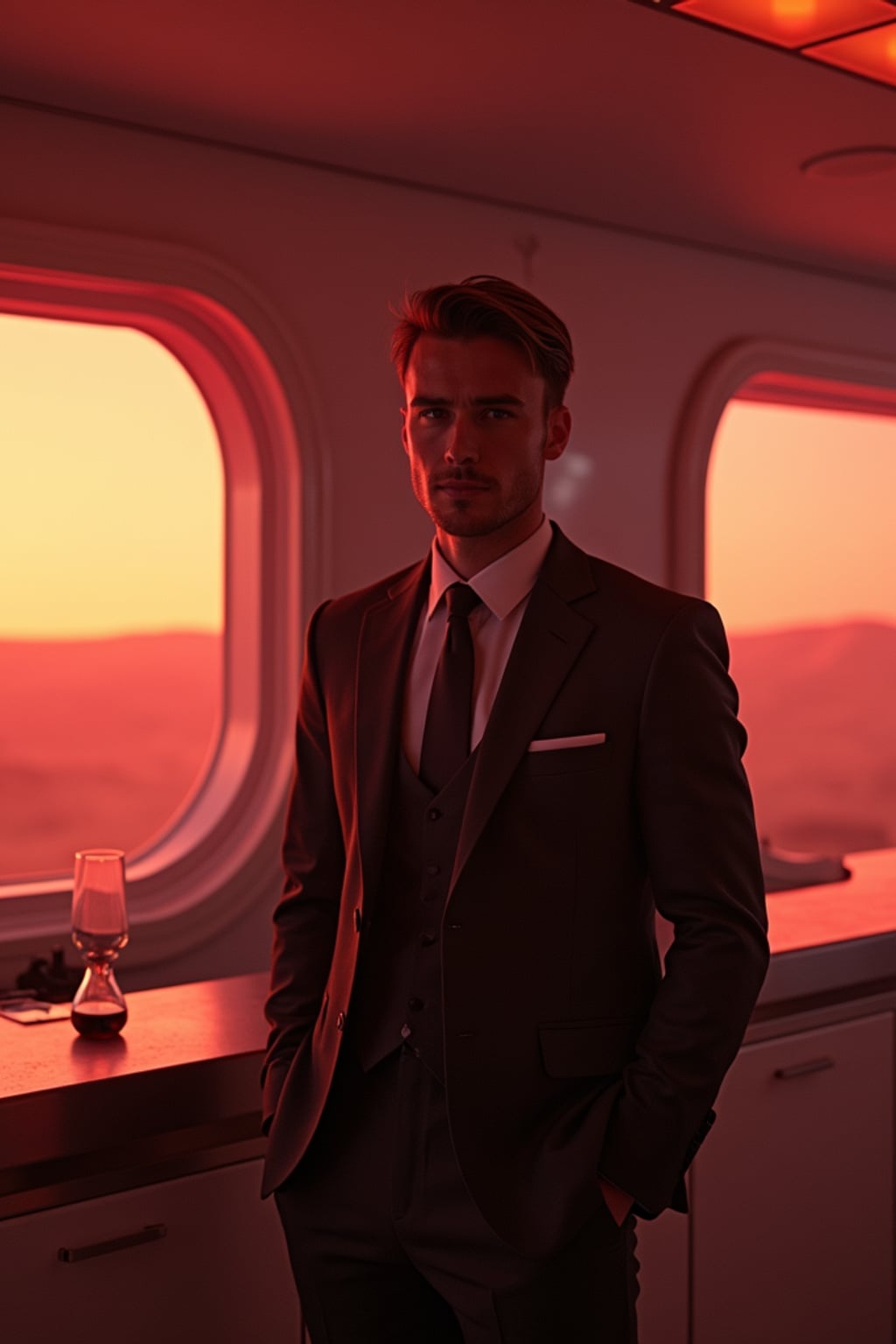 man in a futuristic coktail bar on Mars. at night. indoors with futuristic interior. Mars red dunes is visible in big windows.  man wears a suit.