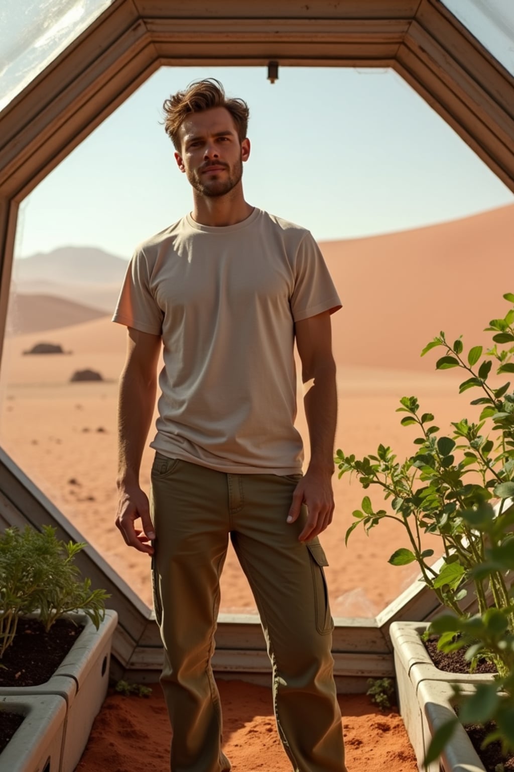 man in a futuristic geodesic dome growing plants, fruits and vegetables on Mars, with the Mars red dunes visible in windows.  man wears a t-shirt and work pants.