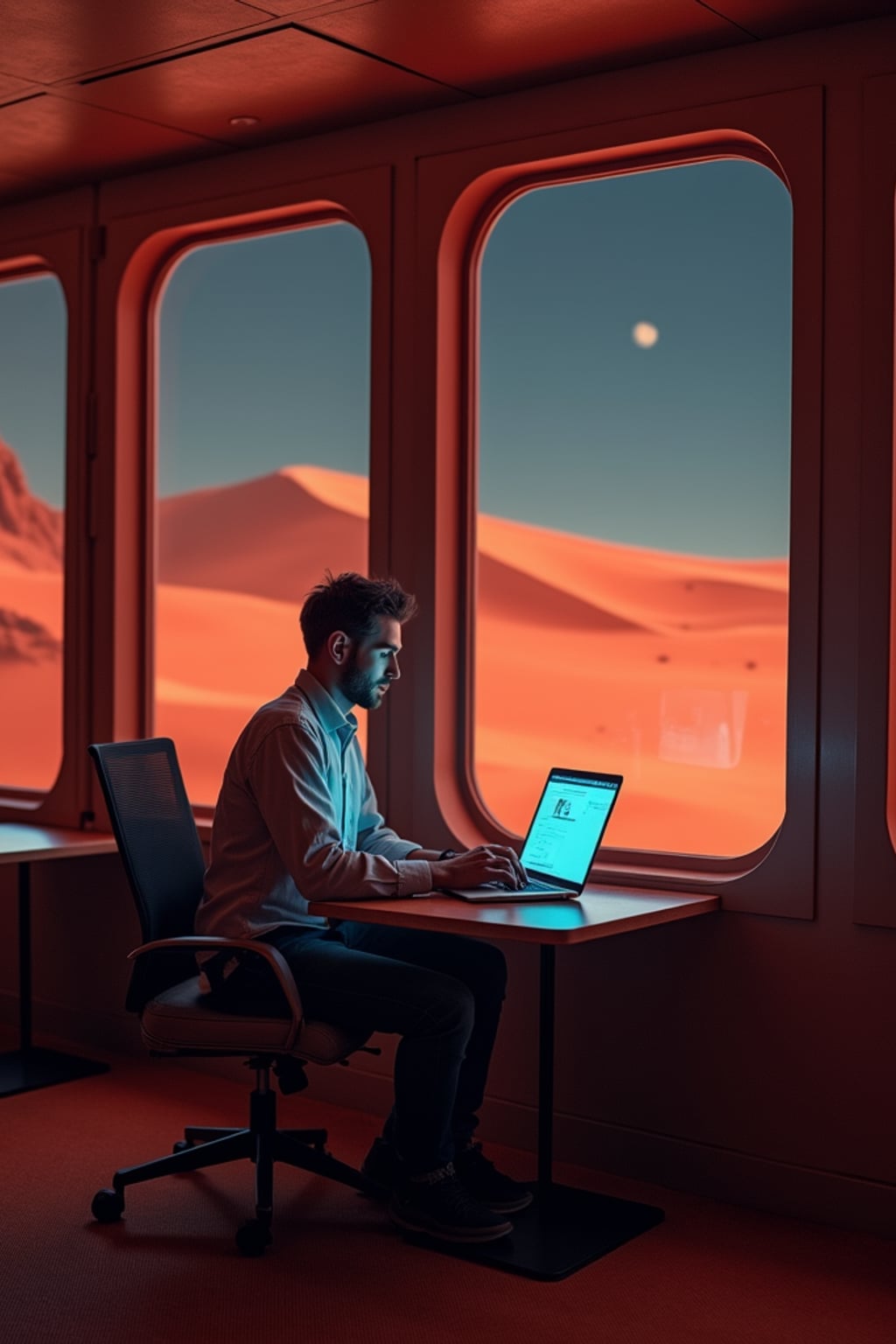 man working on a laptop indoor a co-working space on Mars at night. Mars red dunes is visible in big windows.  man wears a fitted shirt and jeans.