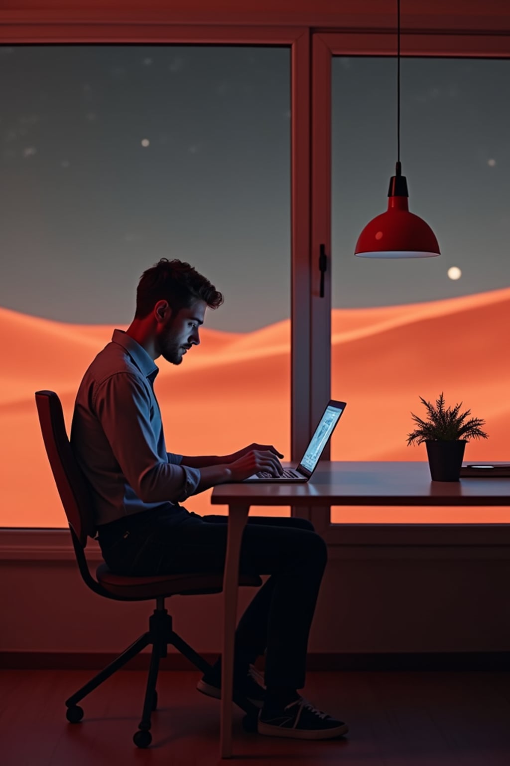 man working on a laptop indoor a co-working space on Mars at night. Mars red dunes is visible in big windows.  man wears a fitted shirt and jeans.