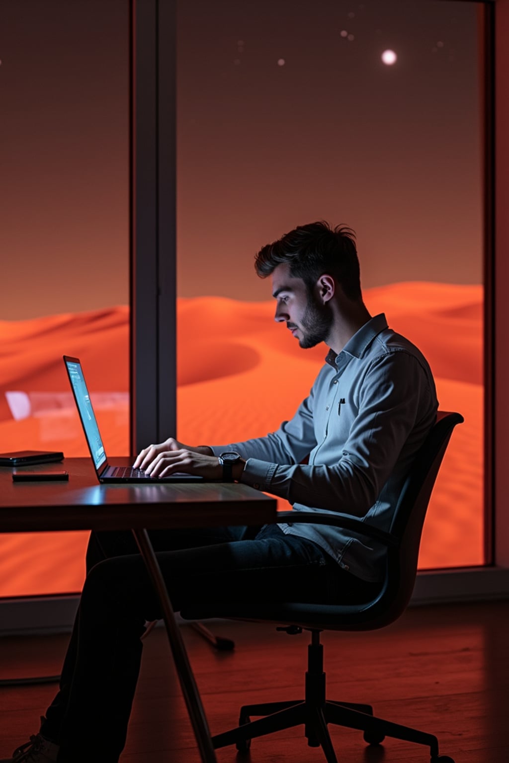 man working on a laptop indoor a co-working space on Mars at night. Mars red dunes is visible in big windows.  man wears a fitted shirt and jeans.