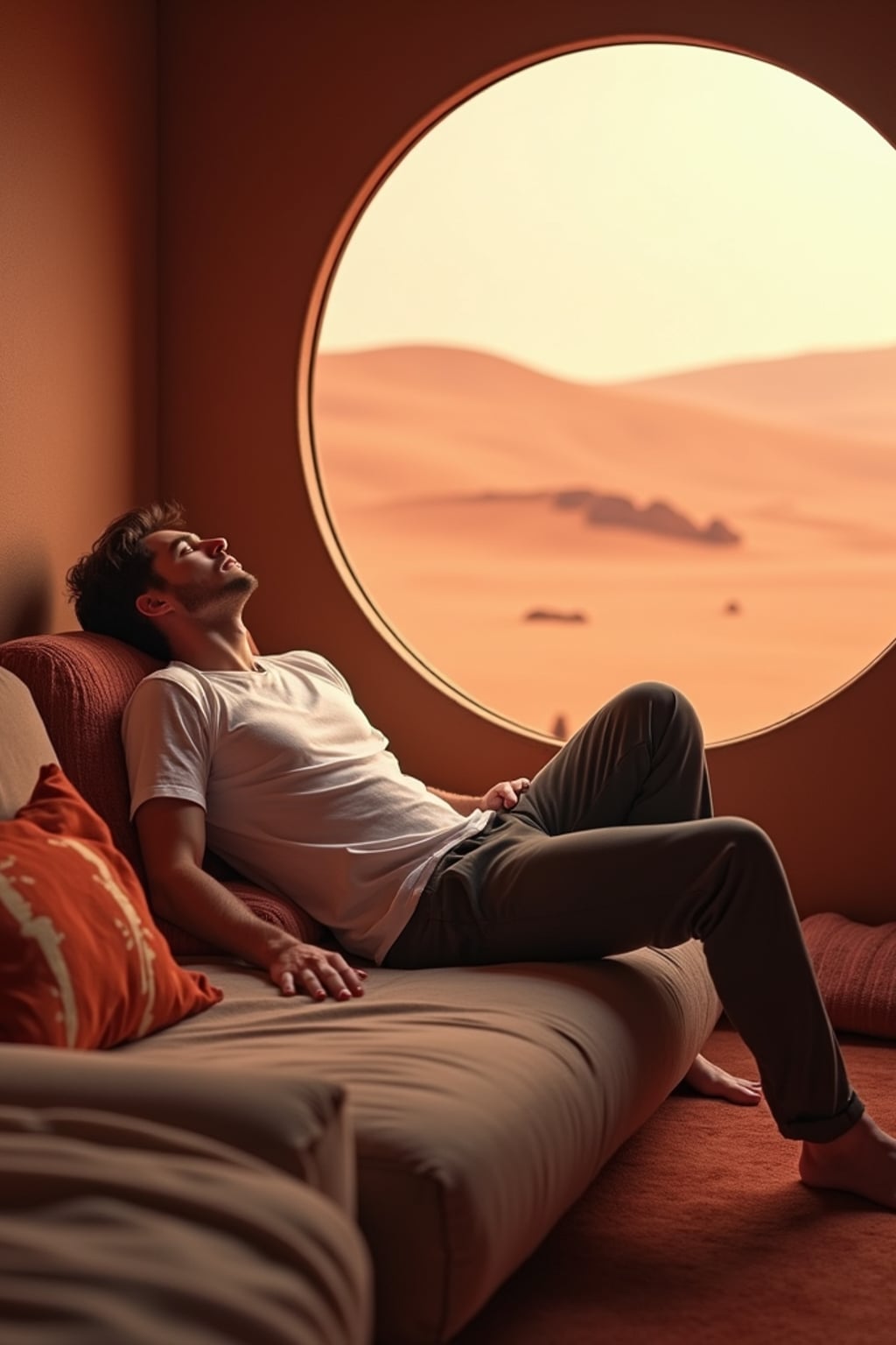 man relaxing in a Mars habitat lounge area. Mars red dunes is visible in big windows.  man wears a casual t-shirt and sweatpants.