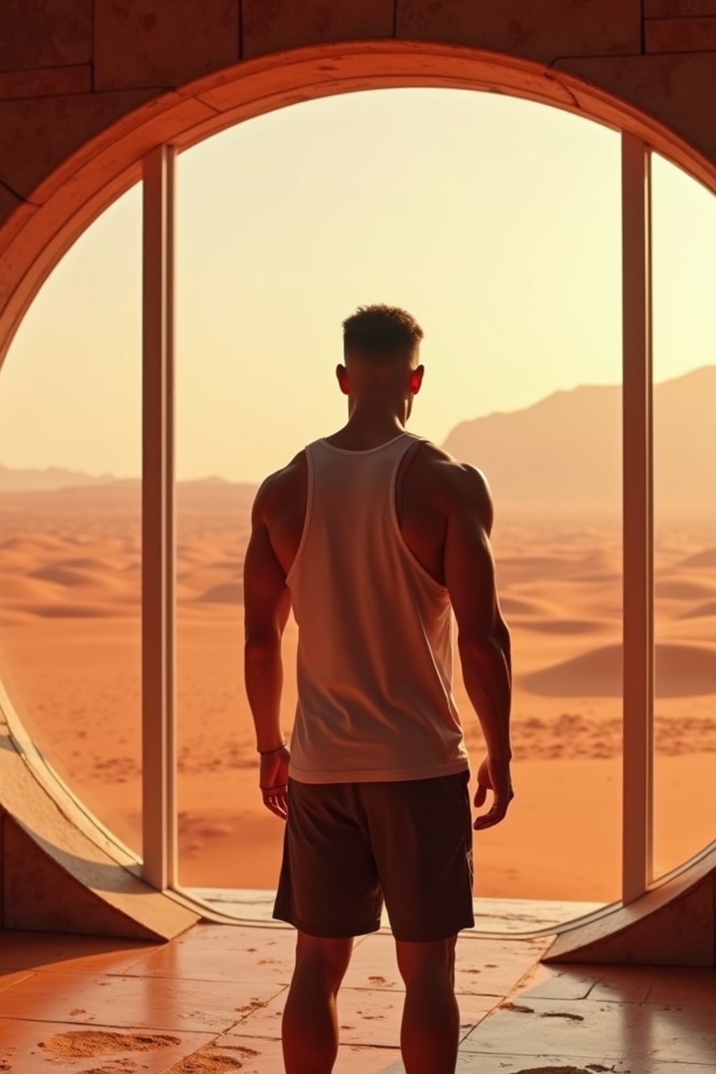 man in a futuristic gym on Mars with large windows. Mars red dunes in the big windows.  man wears a tank top and shorts.