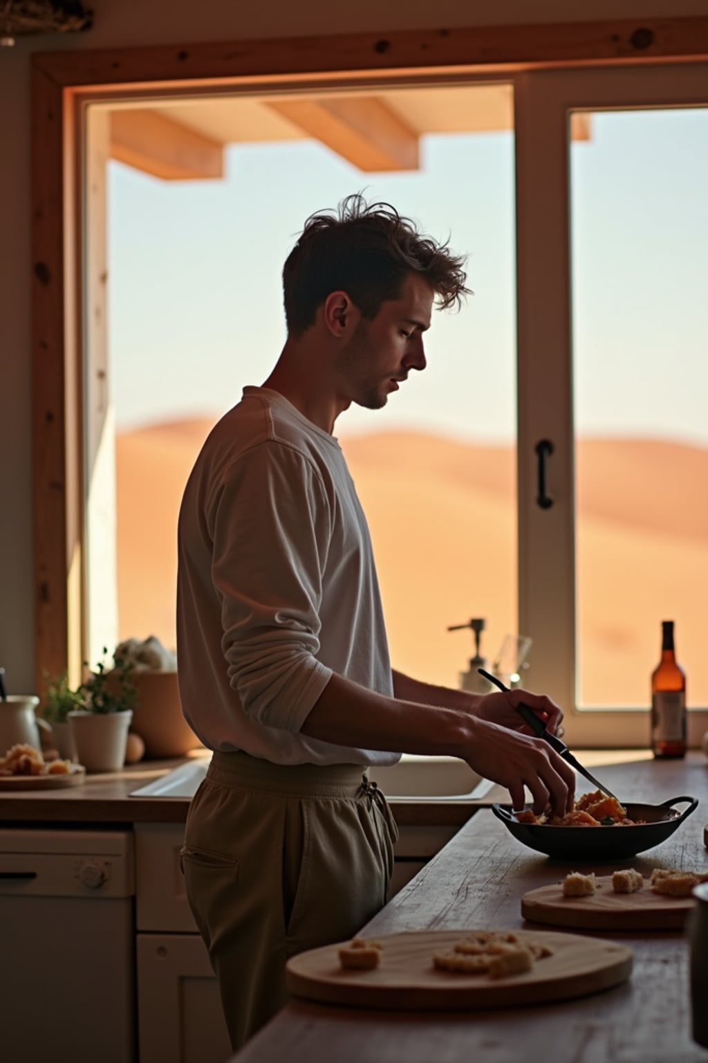 man inside in an indoor kitchen preparing food with Mars red dunes in the big windows.  man wears a relaxed long-sleeve shirt and joggers.