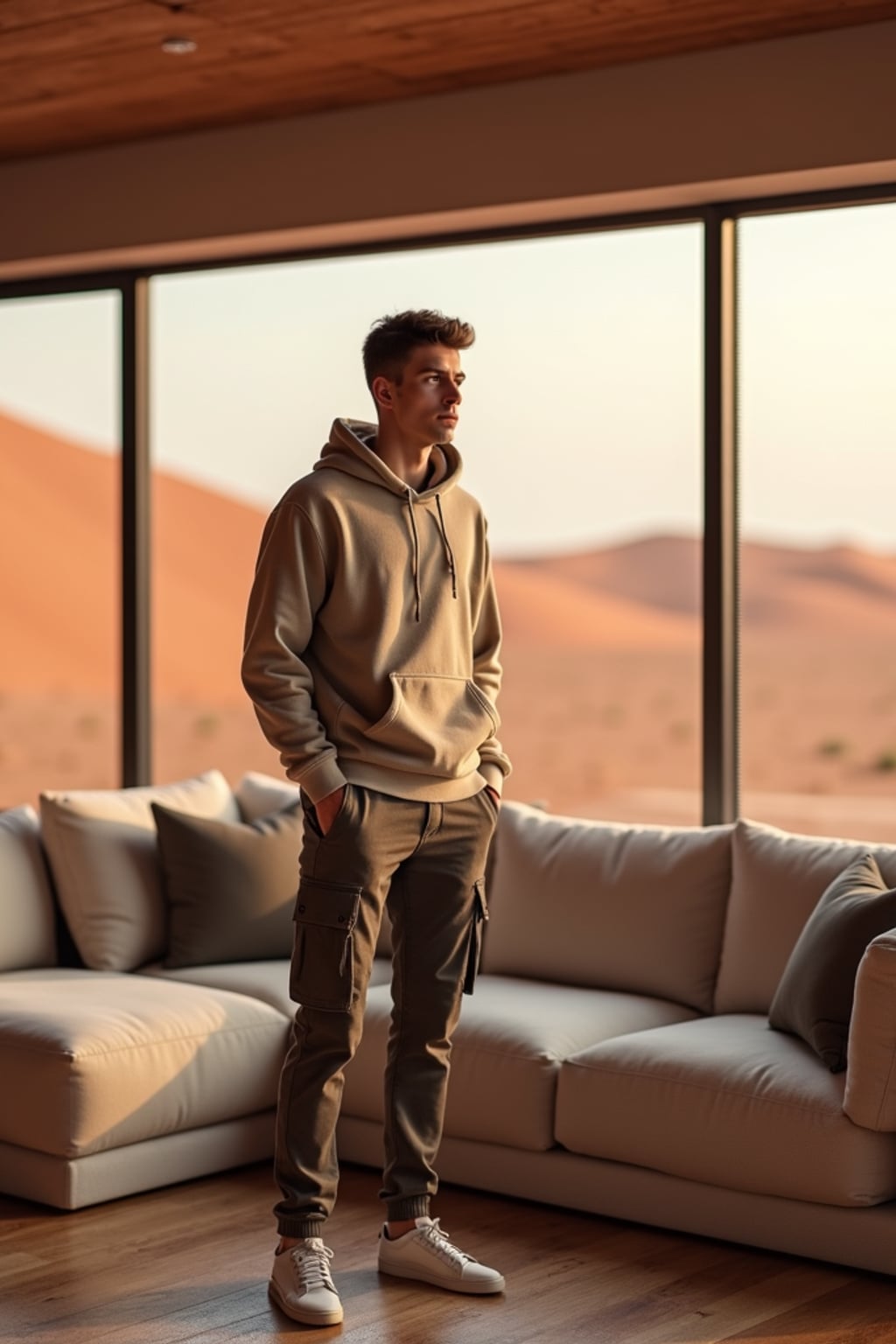 man in a modern living room on Mars with the Mars red dunes visible in the big windows.  man wears a casual hoodie and cargo pants.