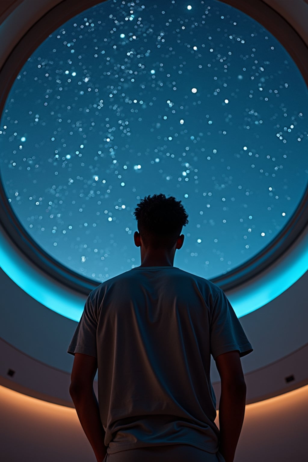 man inside indoor Space Observatory on Mars. only stars visible in ceiling glass at night. man wearing casual clothes.