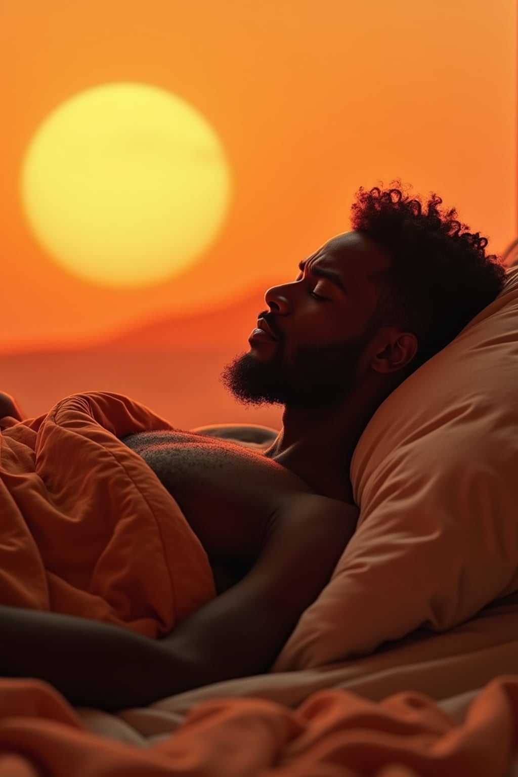 man waking up in bed on Mars at sunrise covered in duvet. Mars red dunes is visible in big windows.