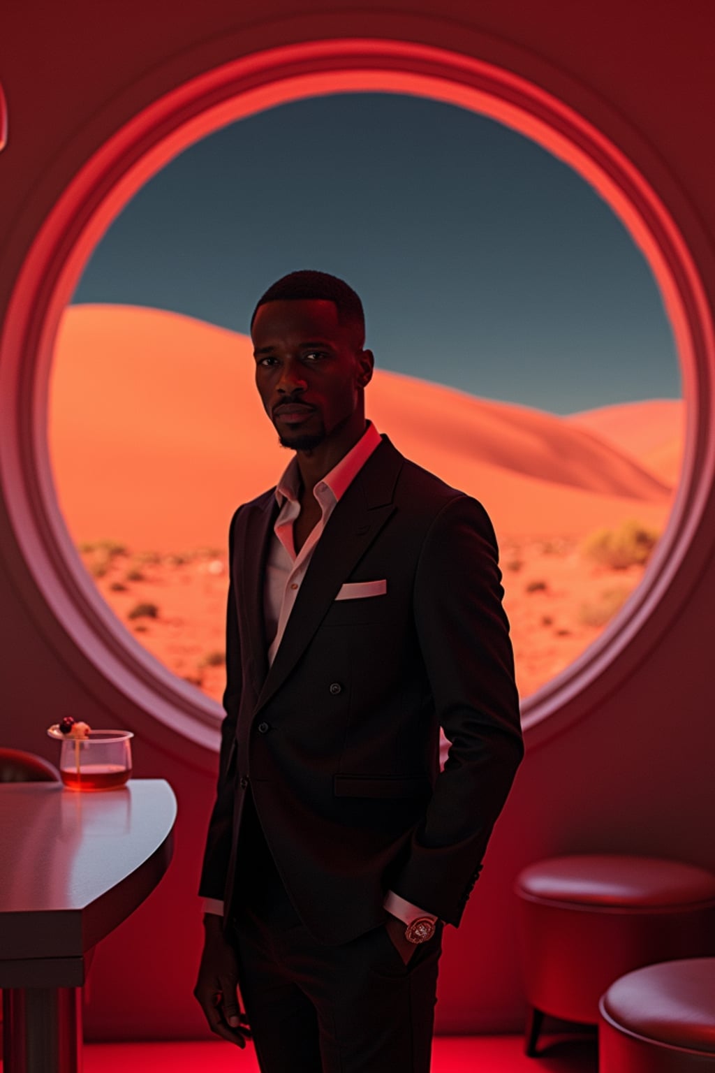 man in a futuristic coktail bar on Mars. at night. indoors with futuristic interior. Mars red dunes is visible in big windows.  man wears a suit.