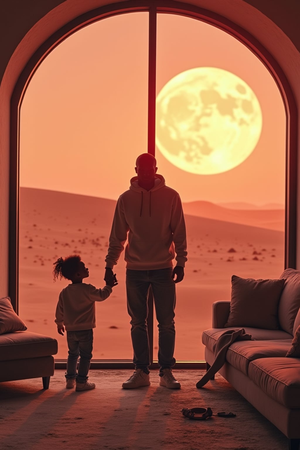 man in a futuristic living room with children playing. Mars red dunes is visible in big windows.  man wears a hoodie and jeans.