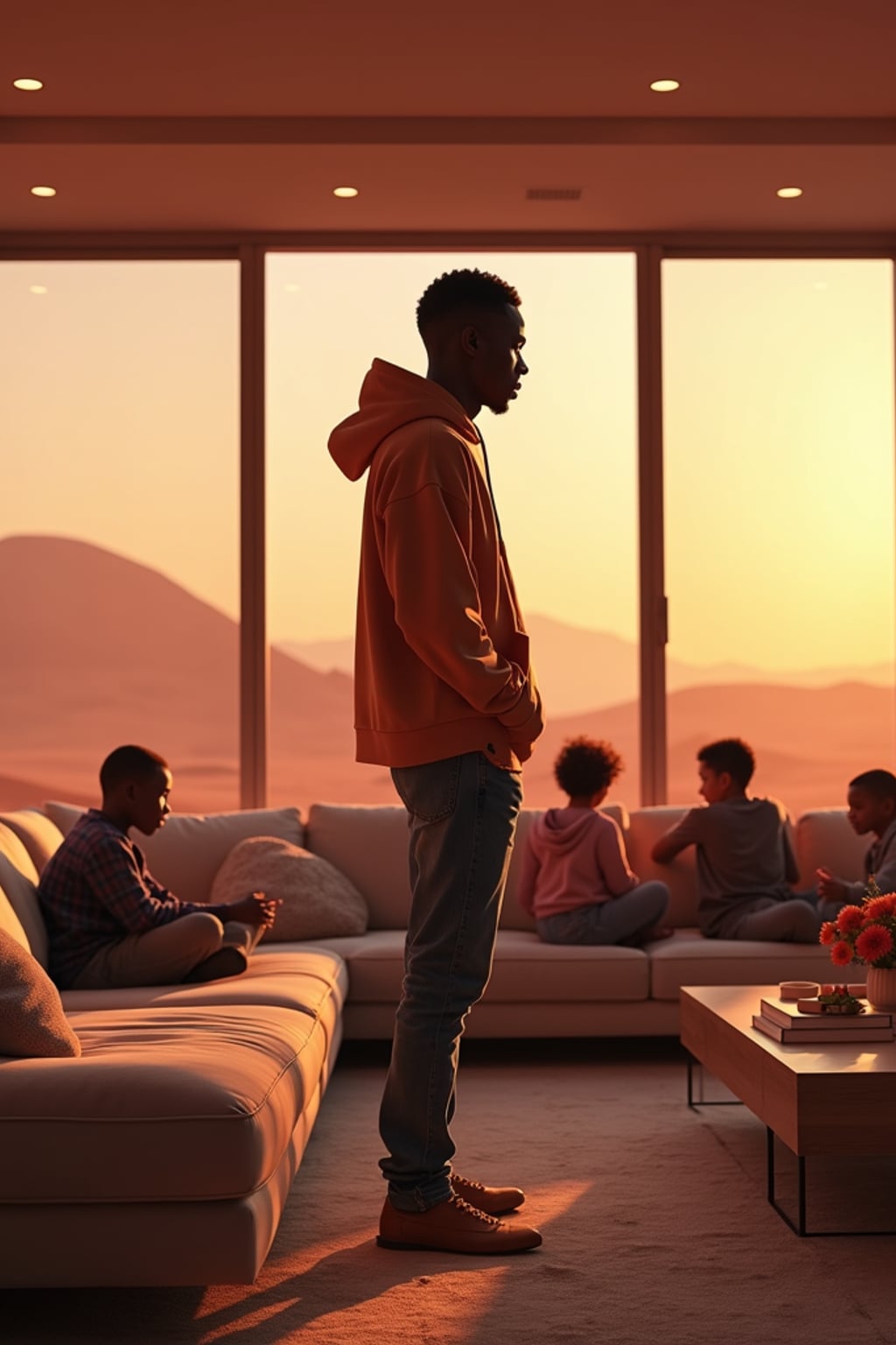 man in a futuristic living room with children playing. Mars red dunes is visible in big windows.  man wears a hoodie and jeans.