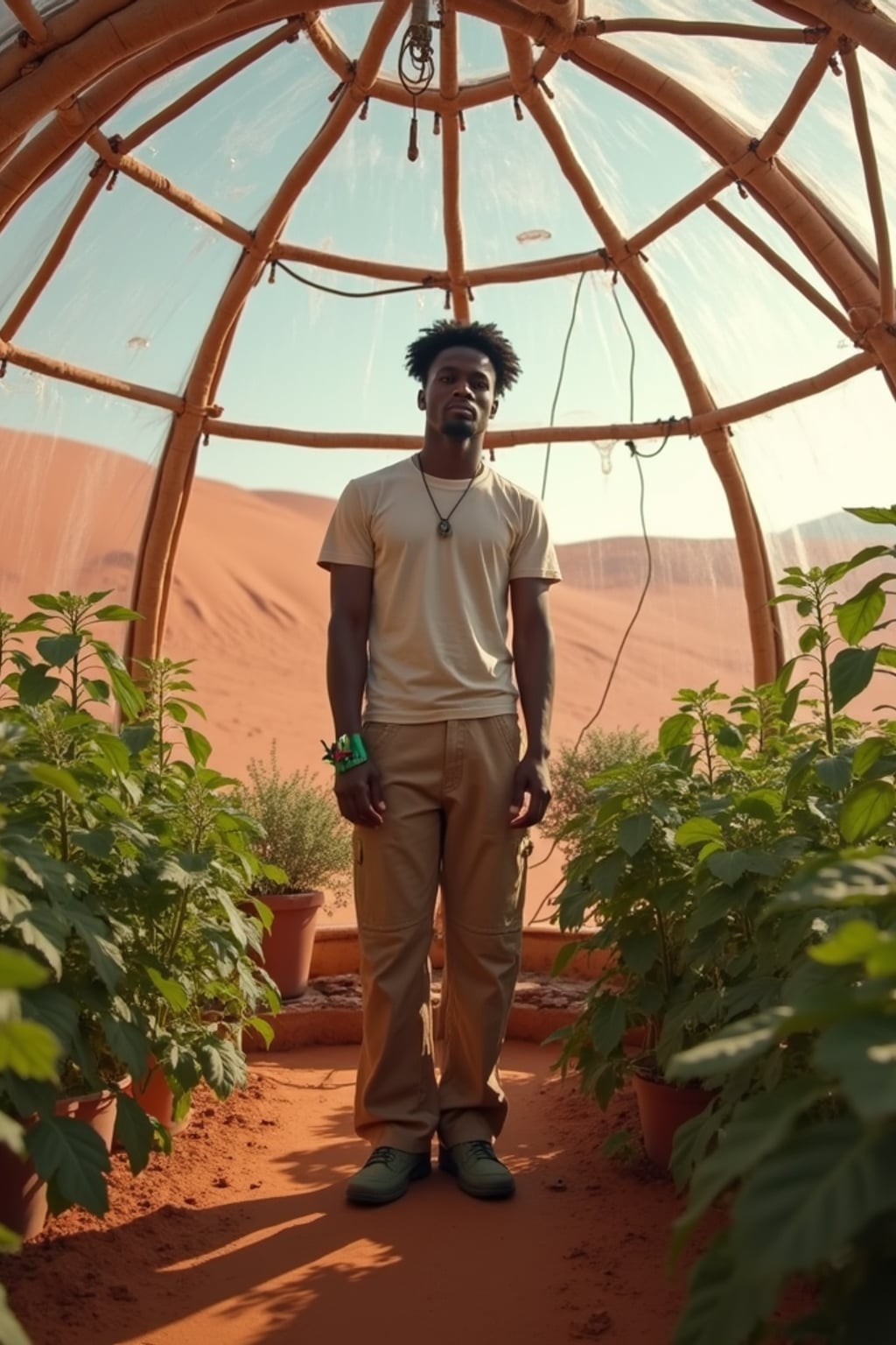 man in a futuristic geodesic dome growing plants, fruits and vegetables on Mars, with the Mars red dunes visible in windows.  man wears a t-shirt and work pants.