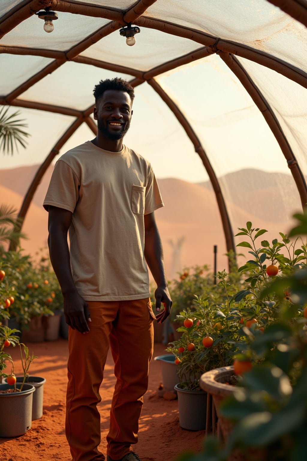 man in a futuristic geodesic dome growing plants, fruits and vegetables on Mars, with the Mars red dunes visible in windows.  man wears a t-shirt and work pants.