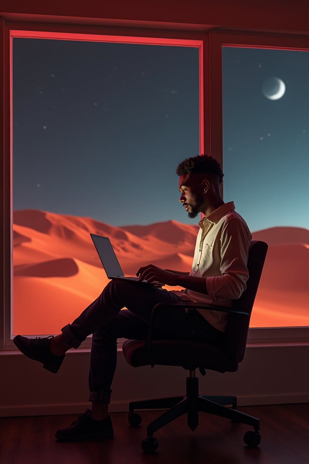 man working on a laptop indoor a co-working space on Mars at night. Mars red dunes is visible in big windows.  man wears a fitted shirt and jeans.