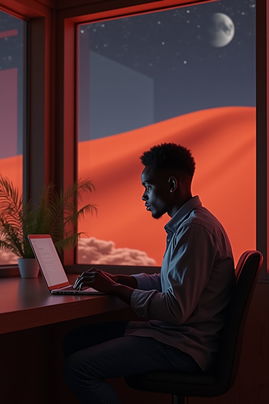 man working on a laptop indoor a co-working space on Mars at night. Mars red dunes is visible in big windows.  man wears a fitted shirt and jeans.