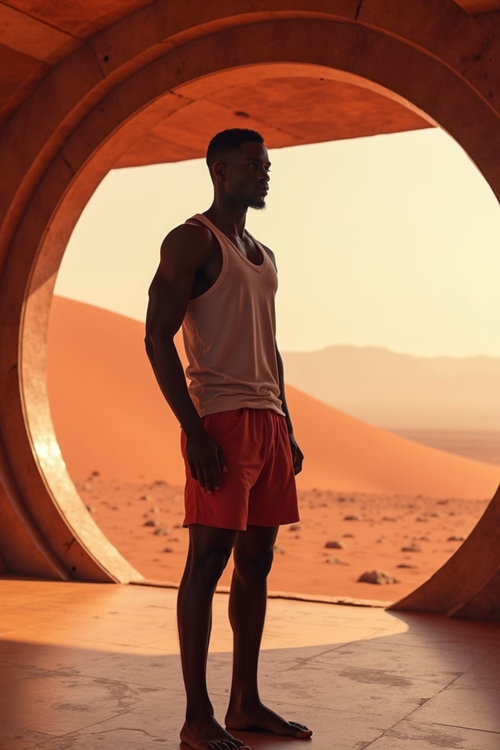 man in a futuristic gym on Mars with large windows. Mars red dunes in the big windows.  man wears a tank top and shorts.