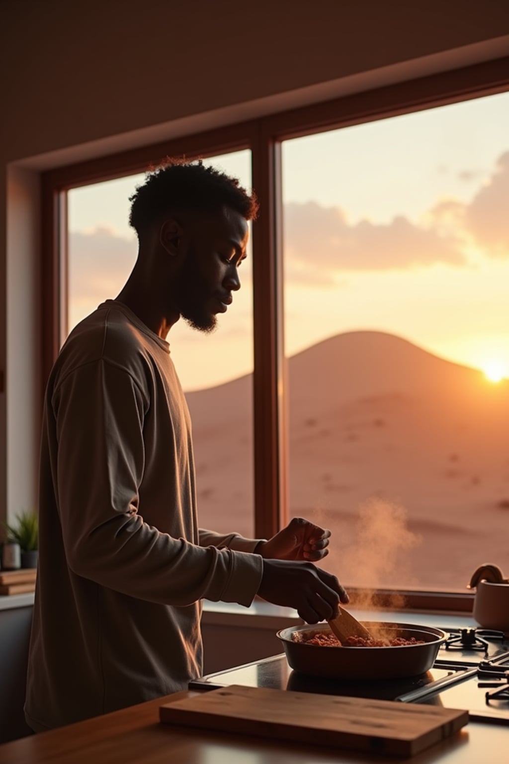 man inside in an indoor kitchen preparing food with Mars red dunes in the big windows.  man wears a relaxed long-sleeve shirt and joggers.