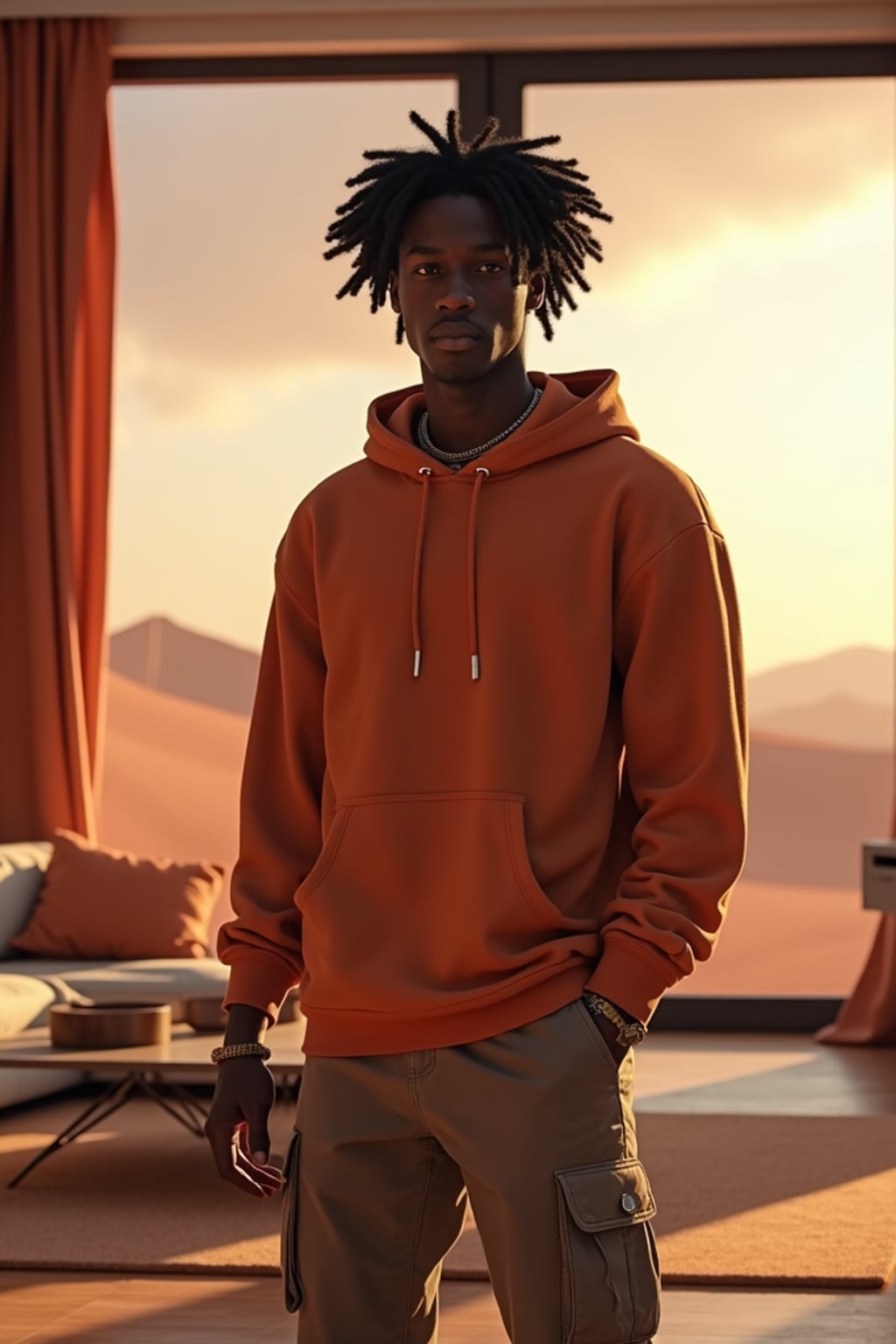 man in a modern living room on Mars with the Mars red dunes visible in the big windows.  man wears a casual hoodie and cargo pants.