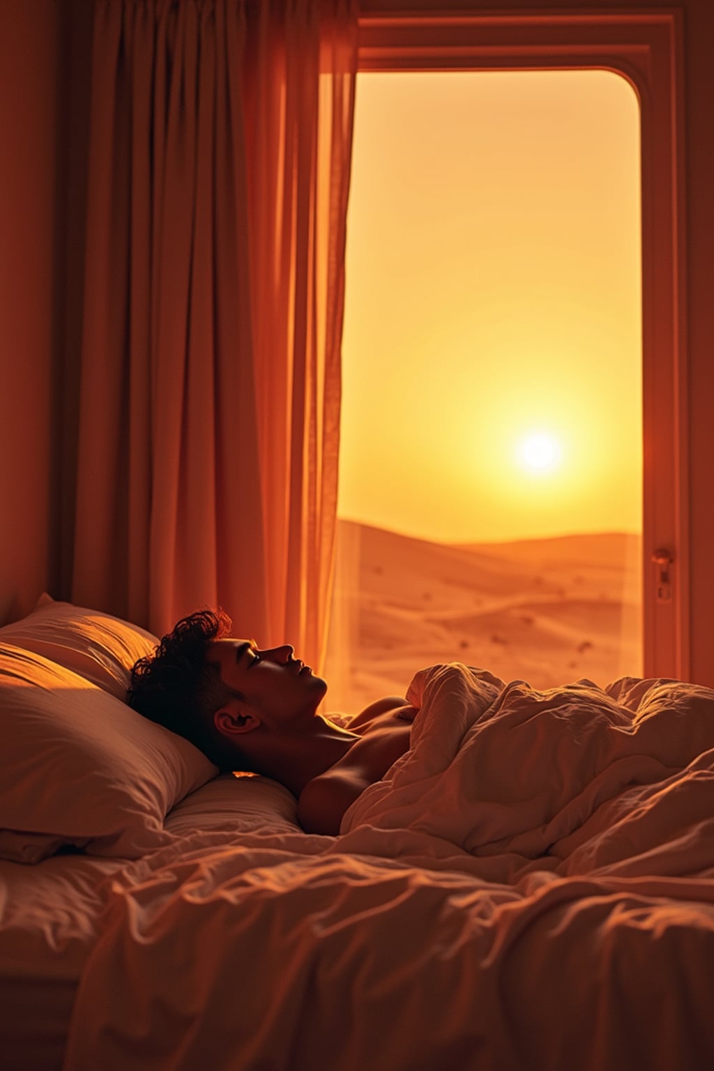 man waking up in bed on Mars at sunrise covered in duvet. Mars red dunes is visible in big windows.