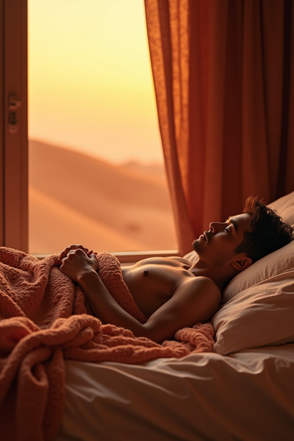 man waking up in bed on Mars at sunrise covered in duvet. Mars red dunes is visible in big windows.