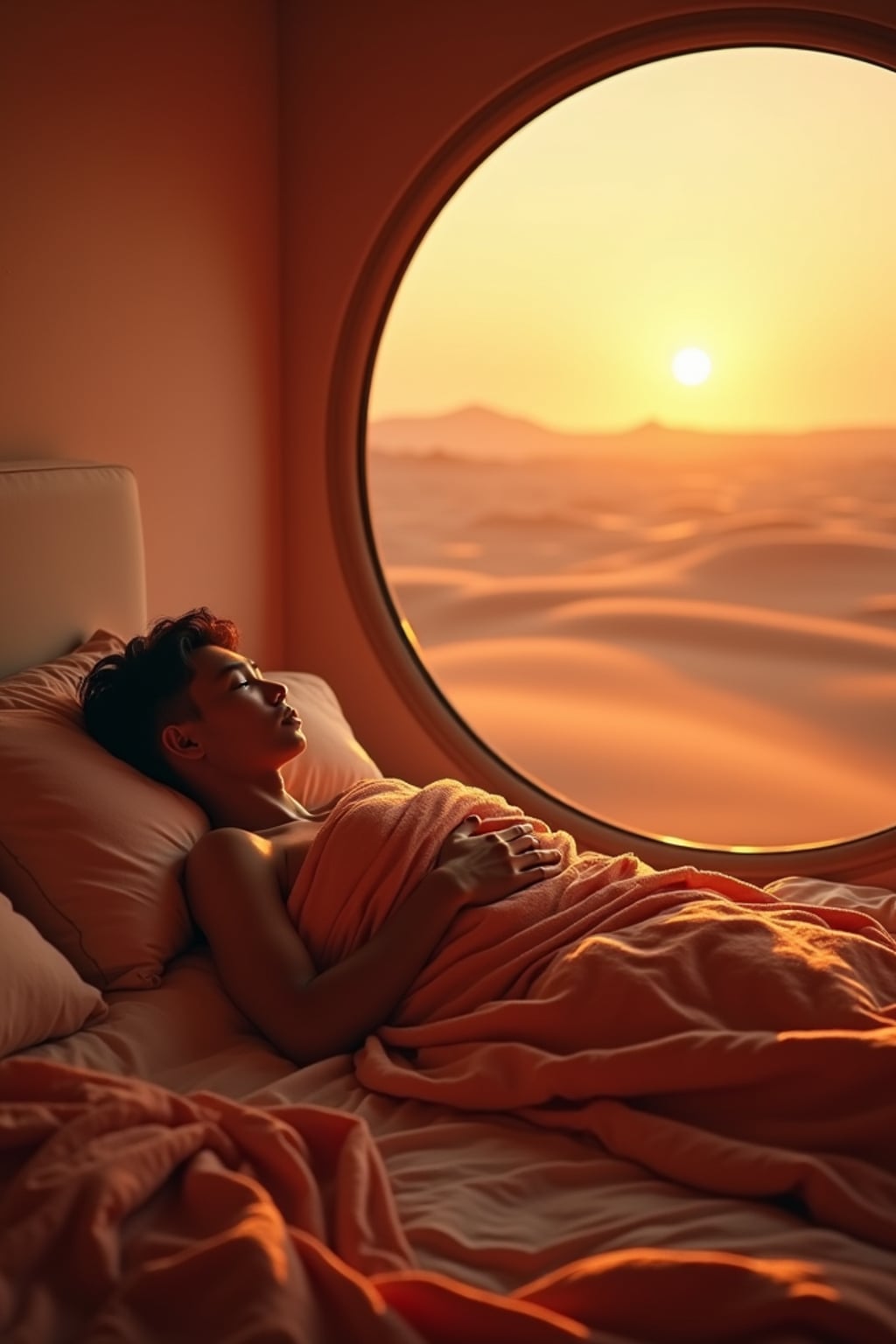 man waking up in bed on Mars at sunrise covered in duvet. Mars red dunes is visible in big windows.