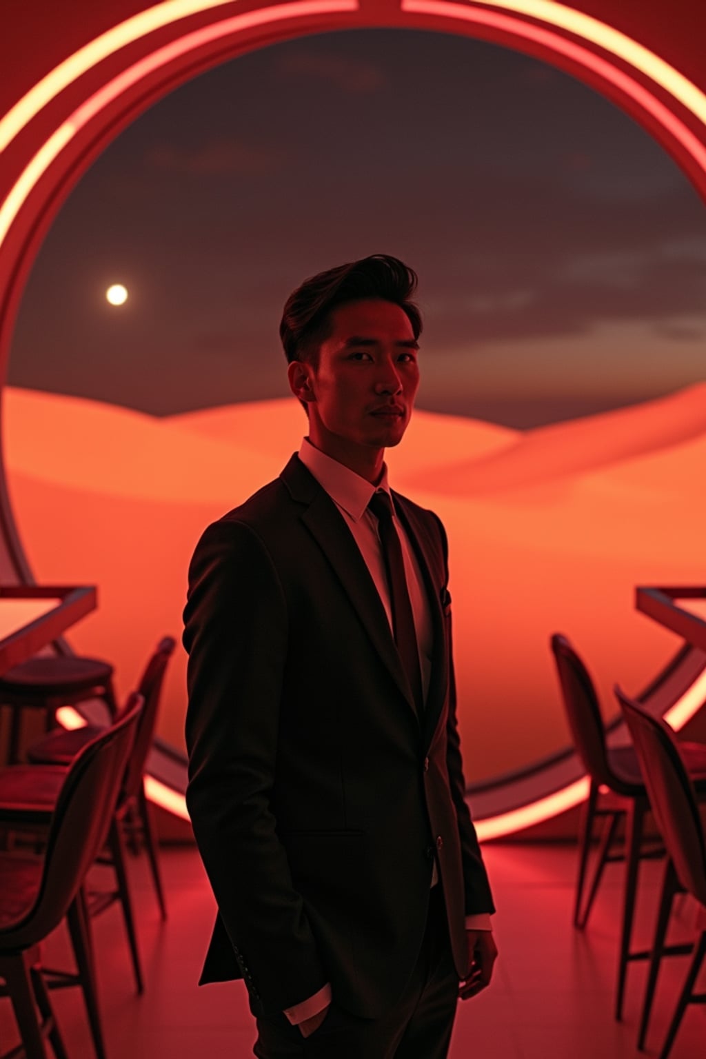 man in a futuristic coktail bar on Mars. at night. indoors with futuristic interior. Mars red dunes is visible in big windows.  man wears a suit.