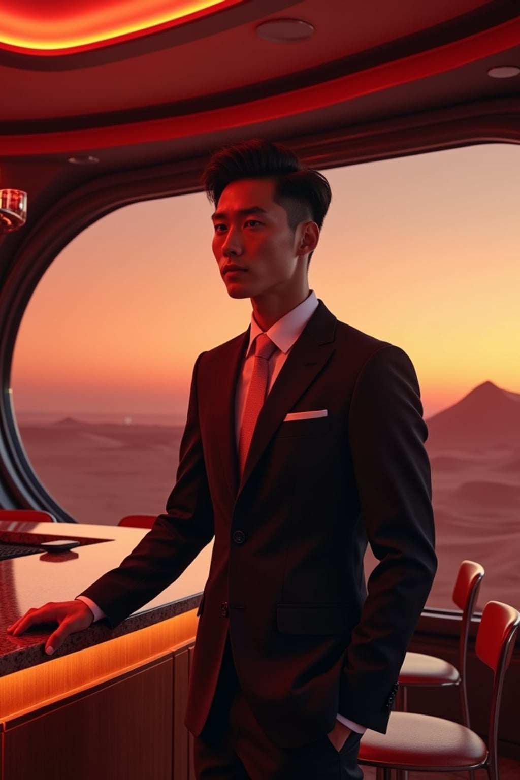 man in a futuristic coktail bar on Mars. at night. indoors with futuristic interior. Mars red dunes is visible in big windows.  man wears a suit.