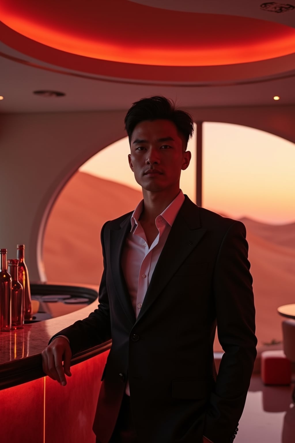 man in a futuristic coktail bar on Mars. at night. indoors with futuristic interior. Mars red dunes is visible in big windows.  man wears a suit.