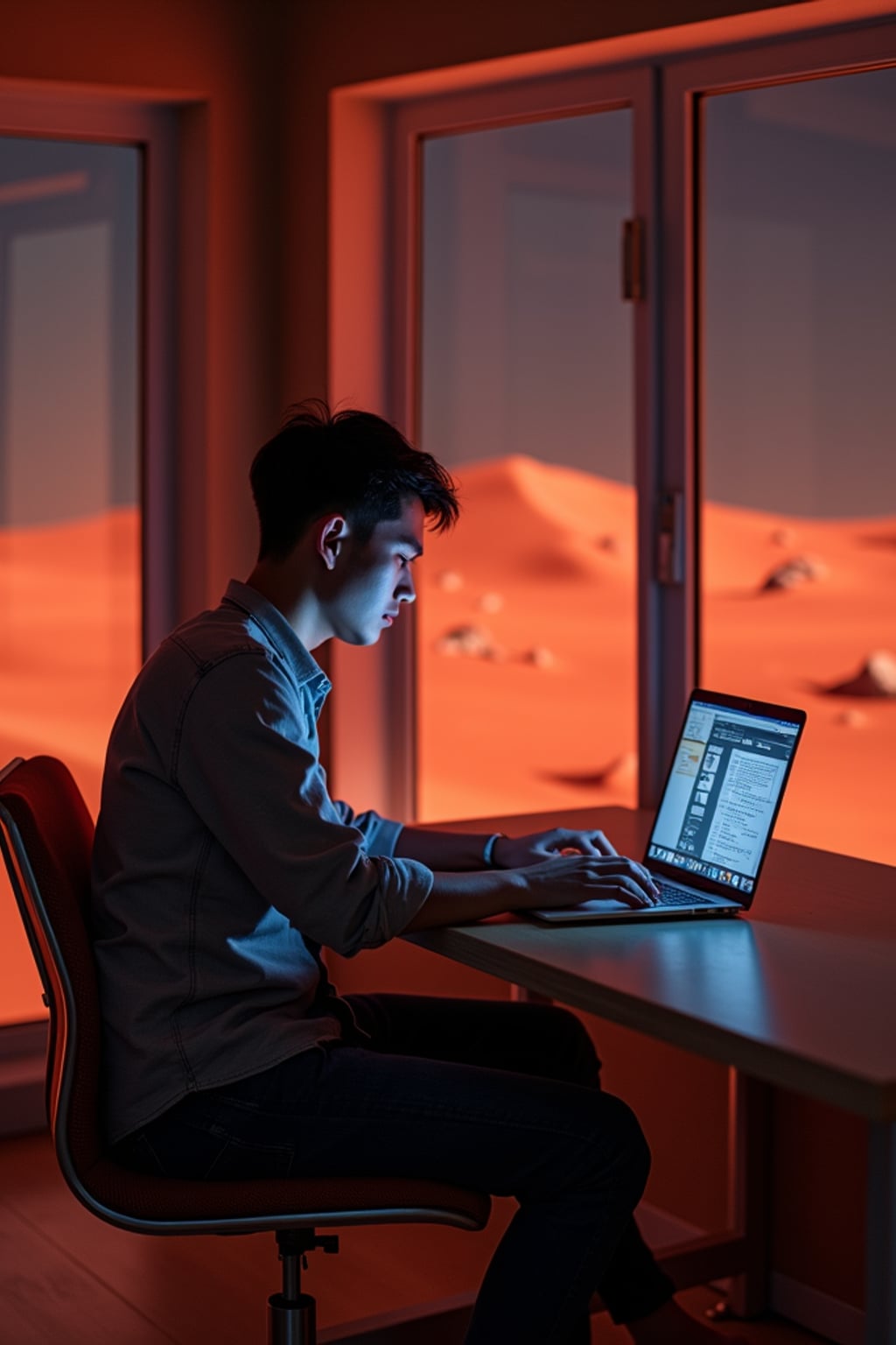 man working on a laptop indoor a co-working space on Mars at night. Mars red dunes is visible in big windows.  man wears a fitted shirt and jeans.