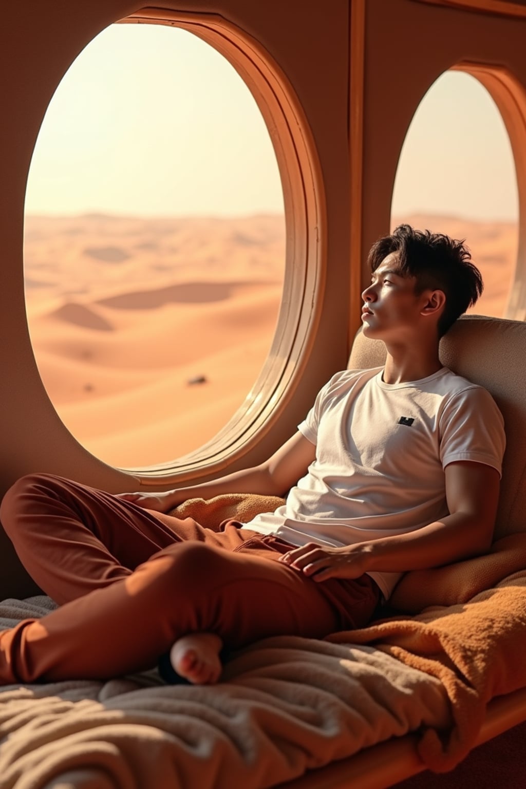 man relaxing in a Mars habitat lounge area. Mars red dunes is visible in big windows.  man wears a casual t-shirt and sweatpants.