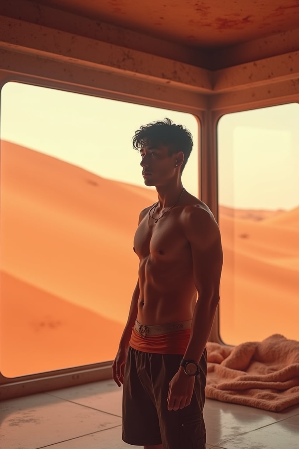 man in a futuristic gym on Mars with large windows. Mars red dunes in the big windows.  man wears a tank top and shorts.