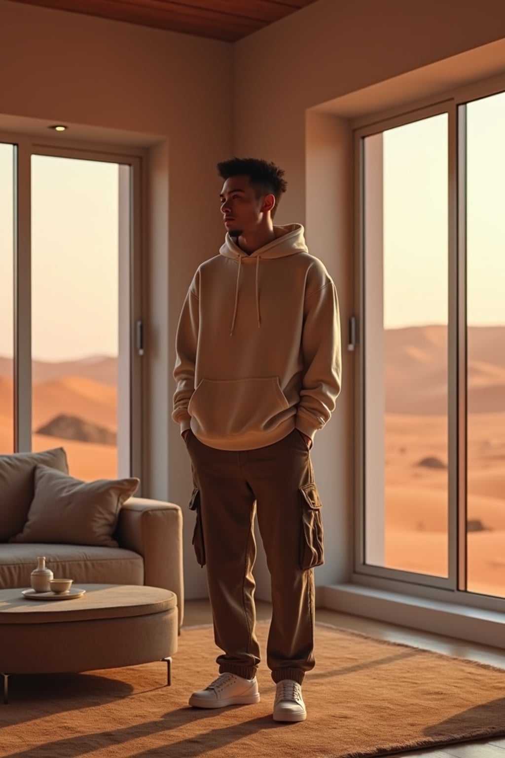 man in a modern living room on Mars with the Mars red dunes visible in the big windows.  man wears a casual hoodie and cargo pants.