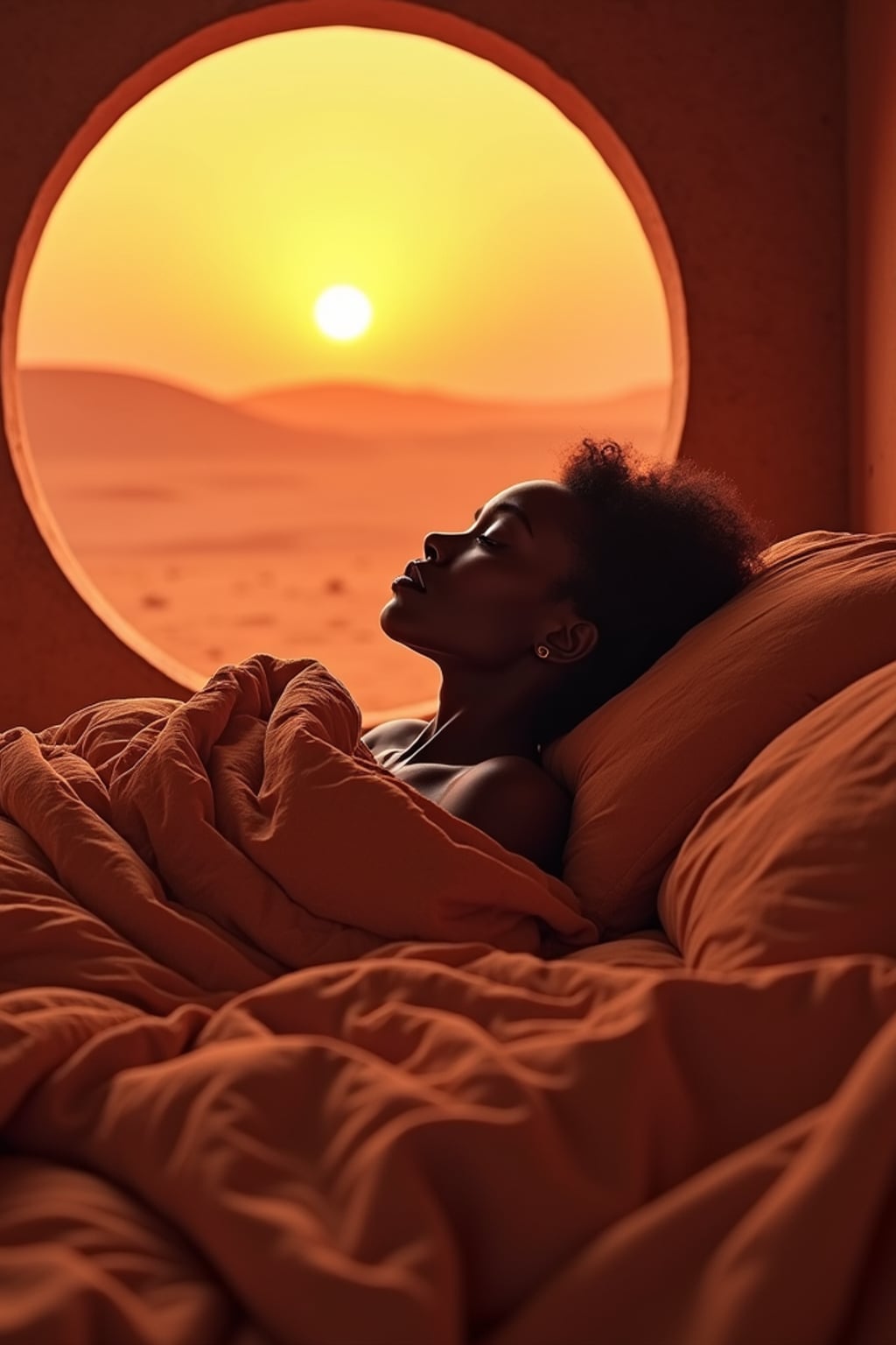 woman waking up in bed on Mars at sunrise covered in duvet. Mars red dunes is visible in big windows.