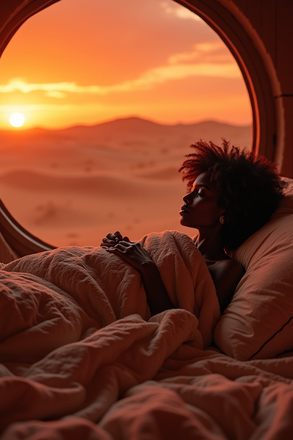 woman waking up in bed on Mars at sunrise covered in duvet. Mars red dunes is visible in big windows.