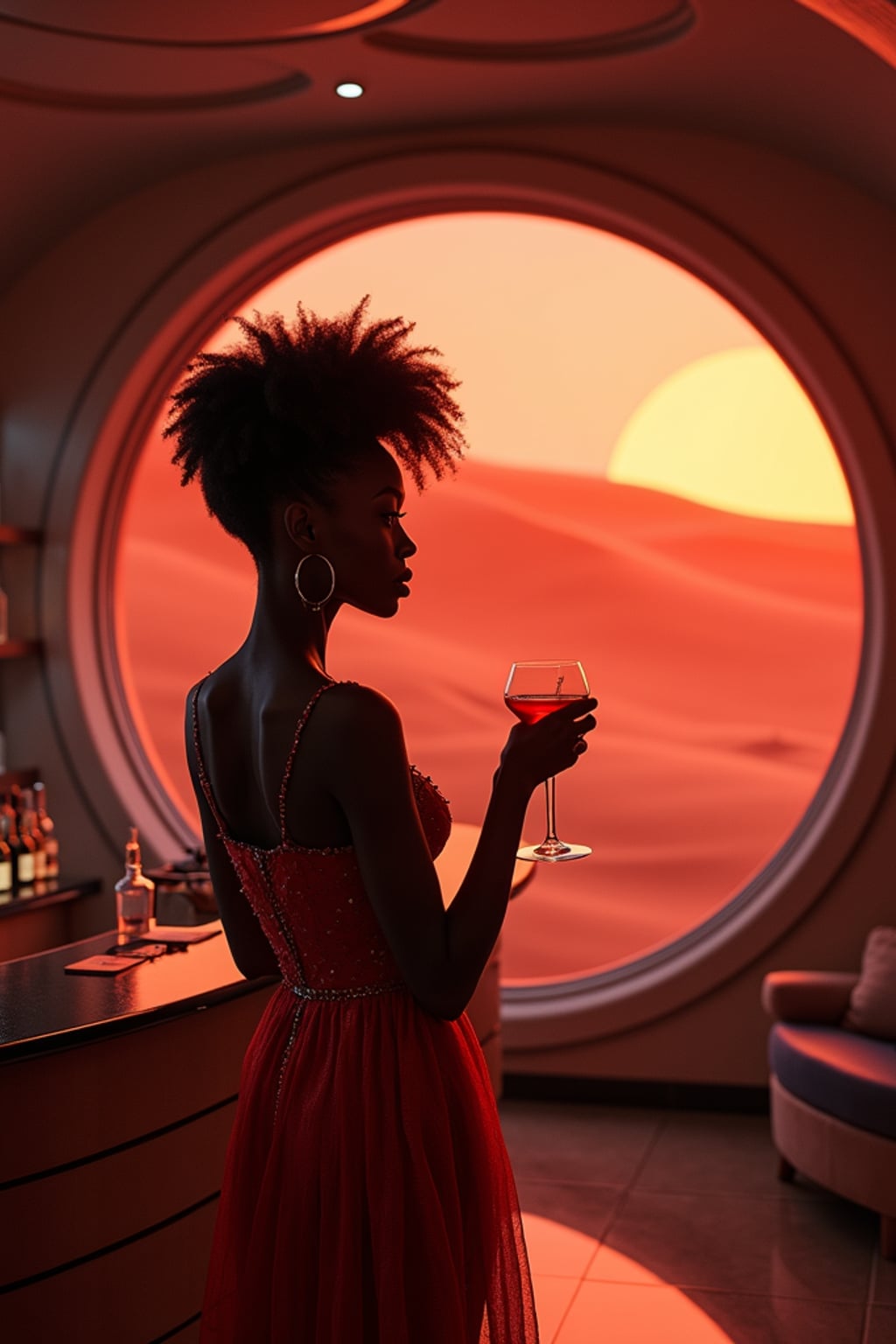 woman in a futuristic coktail bar on Mars. at night. indoors with futuristic interior. Mars red dunes is visible in big windows. woman wears an elegant dress.