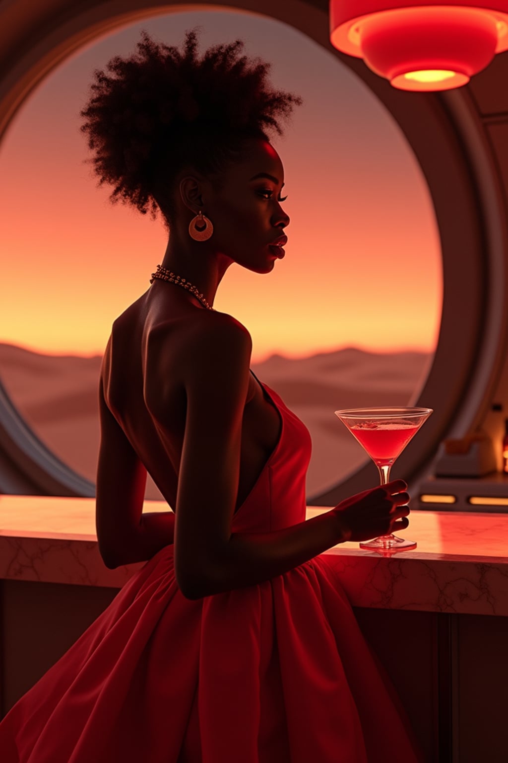 woman in a futuristic coktail bar on Mars. at night. indoors with futuristic interior. Mars red dunes is visible in big windows. woman wears an elegant dress.