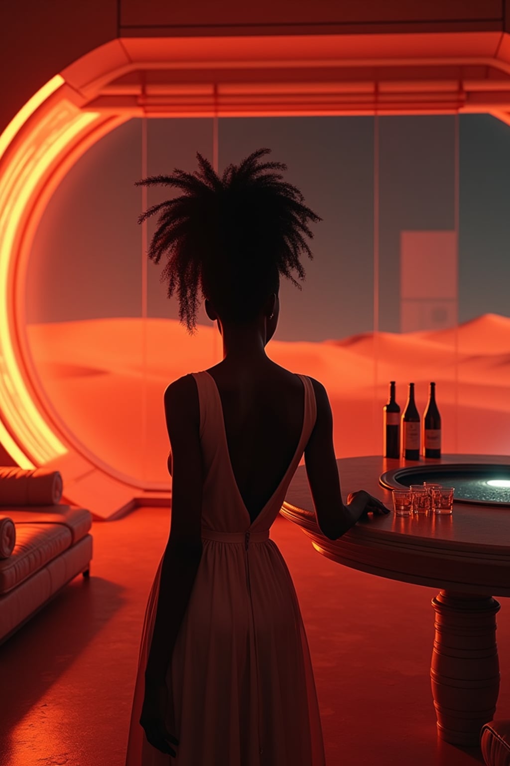 woman in a futuristic coktail bar on Mars. at night. indoors with futuristic interior. Mars red dunes is visible in big windows. woman wears an elegant dress.