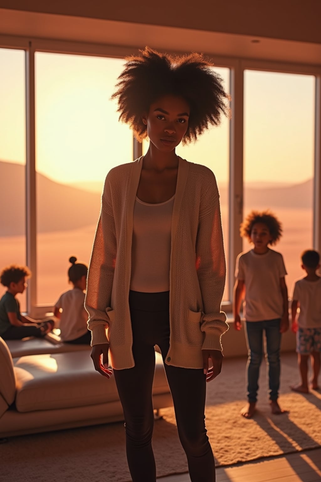 woman in a futuristic living room with children playing. Mars red dunes is visible in big windows. woman wears a relaxed cardigan and leggings.
